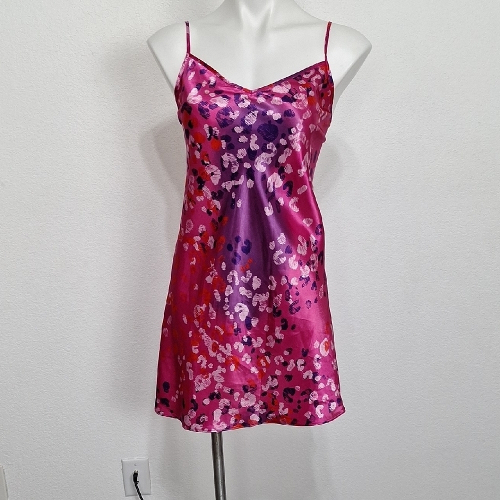 Morgan Taylor Pink Purple Satin Animal Print Coquette Chemise Nightgown Size L